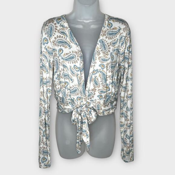 FREE PEOPLE cream/tan/blue paisley tie front deep v crop top size large - Picture 2 of 5